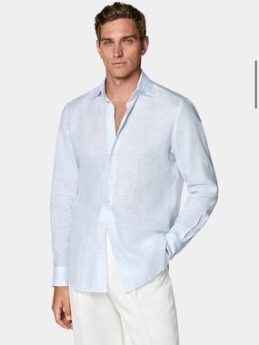 Suit Supply Men's Pale Blue Casual Button-Down Linen Shirt